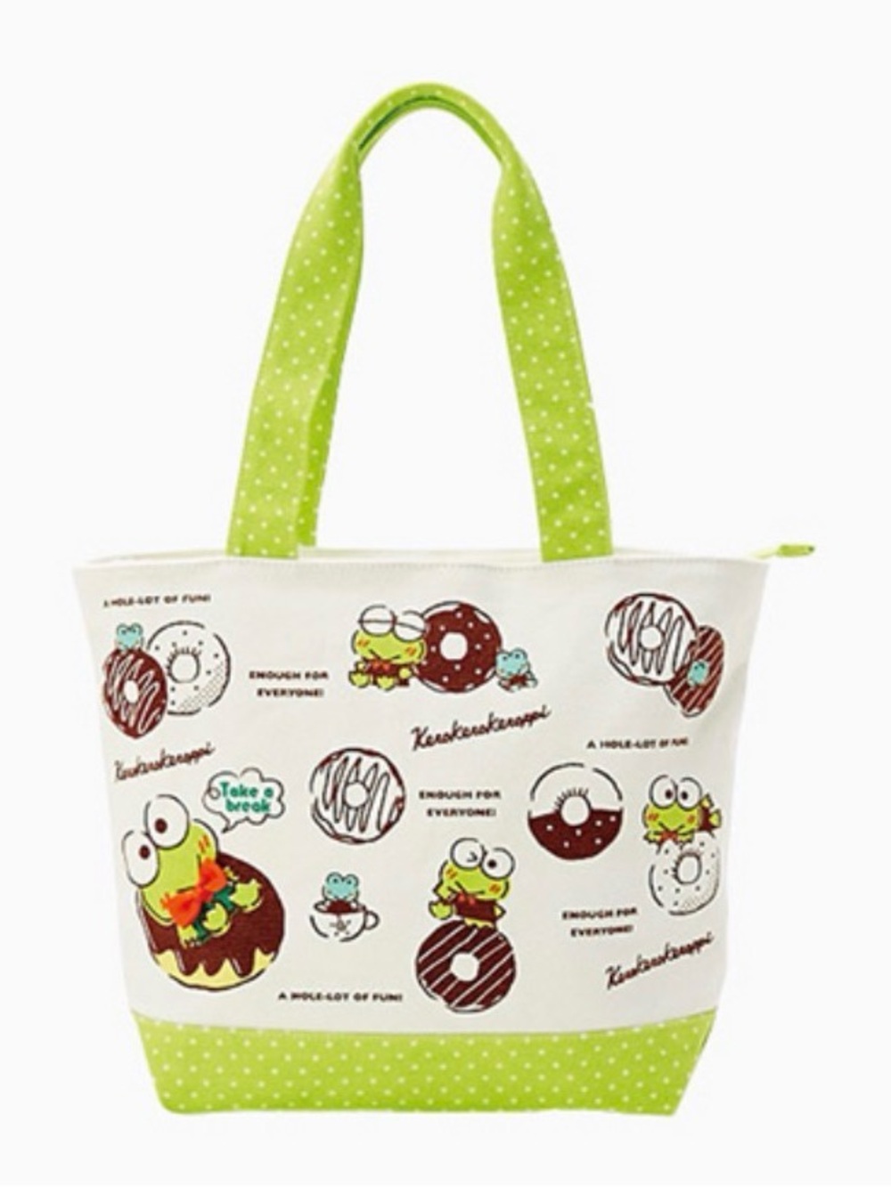 Sanrio Keroppi Donut Canvas Tote Bag Green Polka Dot Zipper Kawaii Y2K